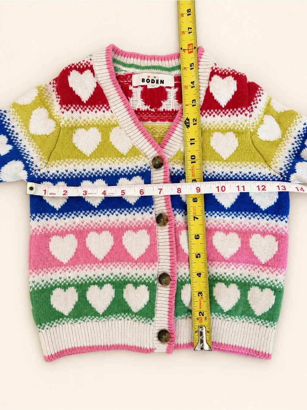 Mini Boden Kids Flora Fun V-Neck Cardigan Rainbow Hearts Knit Sweater Size 5-6Y